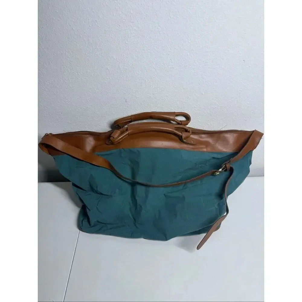 Vintage Travel Duffle Traveler Green Brown Weekend Faux Leather Trim See Notes